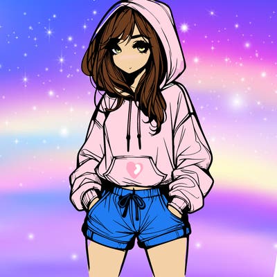 realistic girl in shorts and hoodie