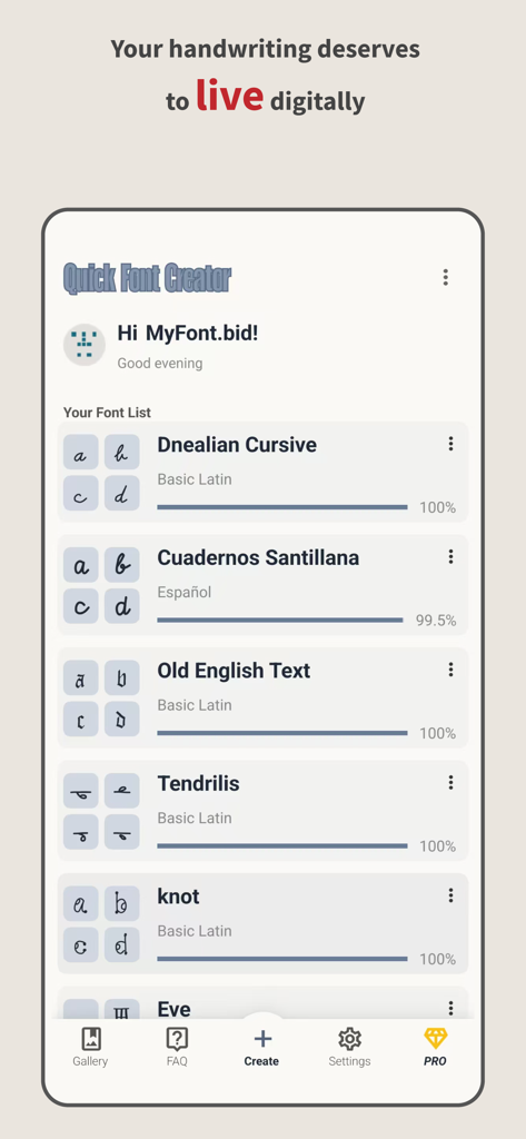 Quick Font Creator - Gallery view of the Quick Font Creator app showing a list of custom handwriting fonts with character previews and progress bars.