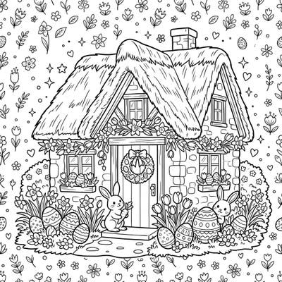 Step into a whimsical Easter scene with this adorable thatched cottage coloring page. Discover bunnies, decorated eggs, and blooming spring flowers, ready for your creative touch.