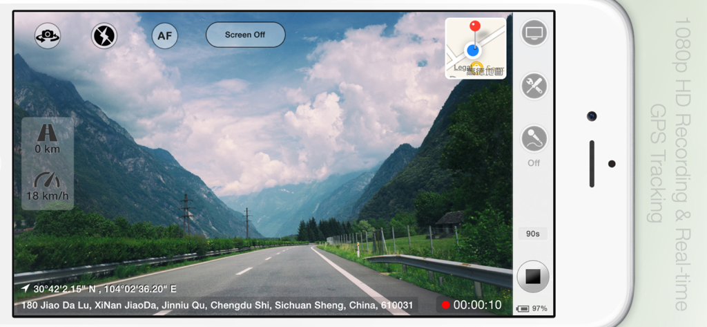 TripREC Driving Recorder - TripRECドライブレコーダーアプリがiPhoneで、リアルタイムGPS追跡と速度オーバーレイ付きの景色の良いドライブを録画している様子
