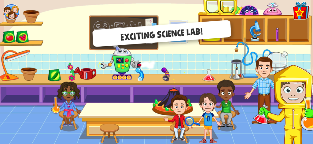 Bambini e un insegnante che interpretano ruoli in un laboratorio scientifico scolastico con attrezzature scientifiche e un robot.