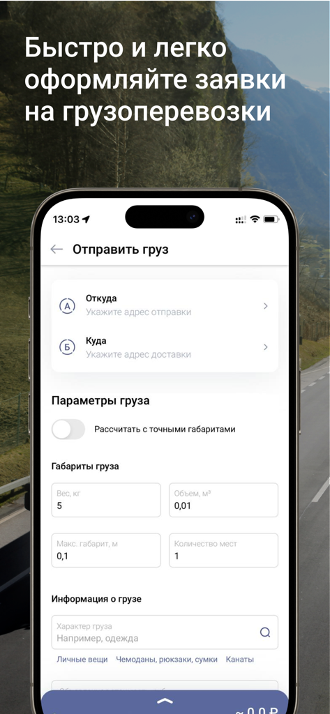 Mobile app screen showing a form to enter cargo dimensions for freight shipping