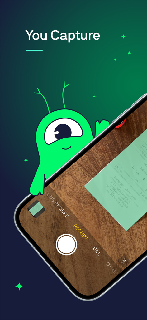 A smartphone interface using the Veryfi app to scan a paper receipt with a green mascot peaking from behind the screen.