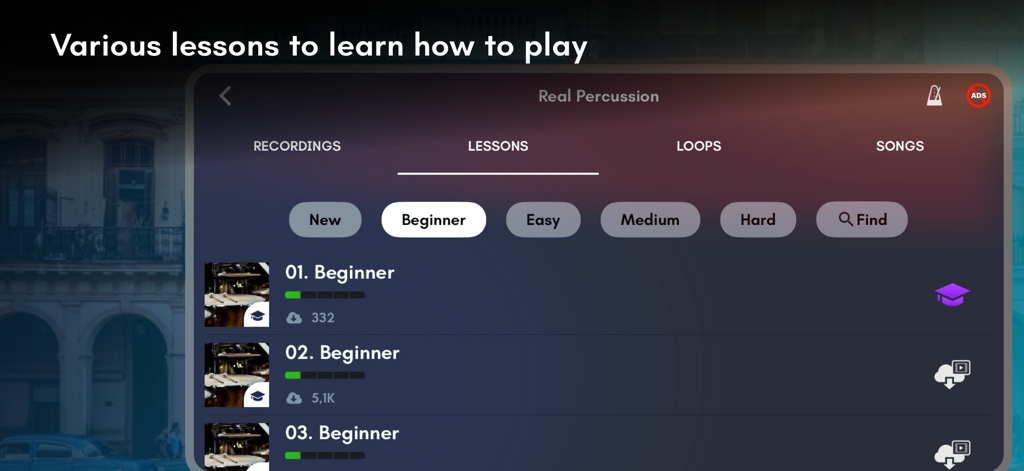 Real Percussion: kit drum pads - Screenshot of the Real Percussion app showing a list of music lessons for different skill levels.