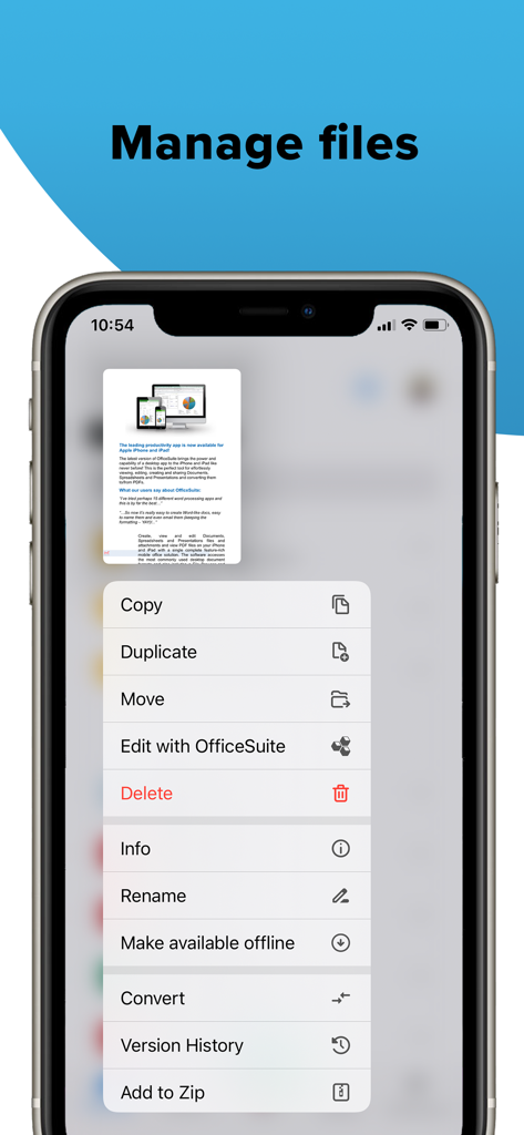 Interfaz de la aplicación MobiDrive que muestra opciones de administración de archivos en un iPhone