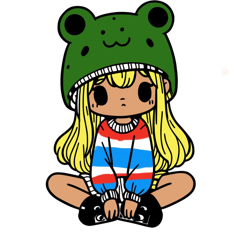 a girl wearing a frog hat and some frog socks