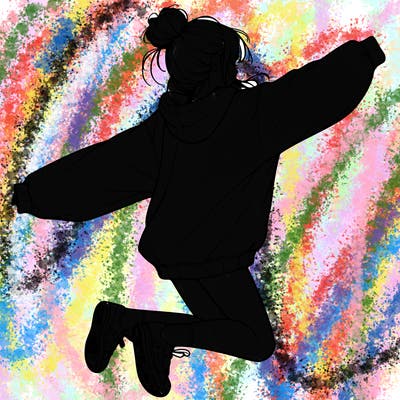 realistic girl jumping with a bun and oversized sweatshirt