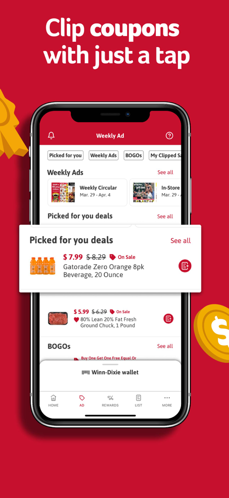 A smartphone showing the Winn-Dixie app with digital coupons and weekly grocery deals.