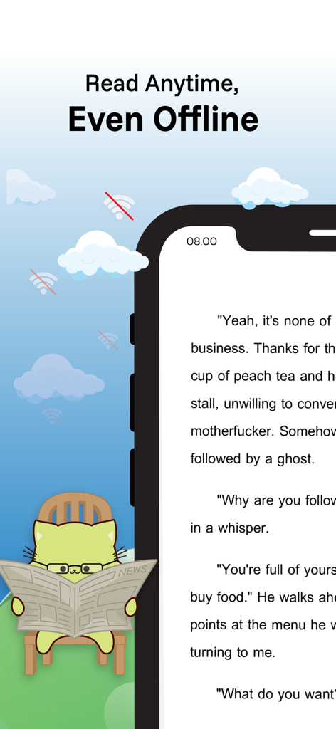 Meb : หนังสือดี นิยายดัง - Meb app promotional screenshot highlighting the offline reading feature with novel text on a smartphone screen
