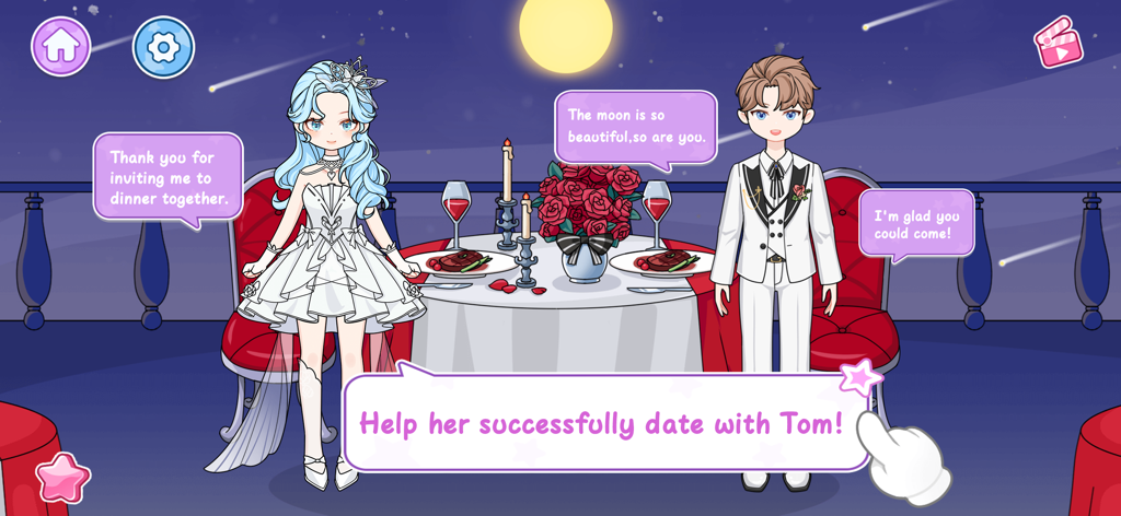 Kawaii Paper Doll Dressup Game - Una chica y un chico de muñeca de papel teniendo una cita romántica bajo una luna llena en un juego de vestir estilo kawaii.