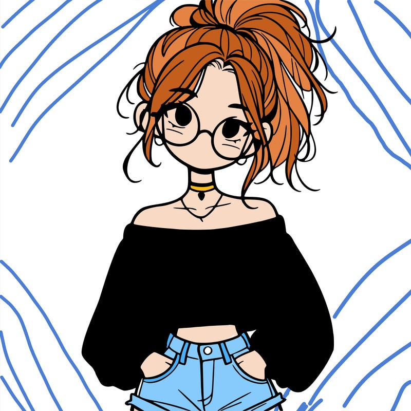 girl with a messy ponytail glasses a baggy crop top and jean shorts