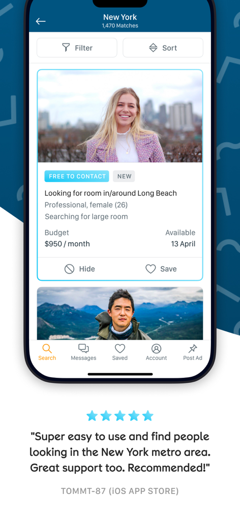 SpareRoom US - SpareRoom US app interface showing roommate search results in New York with a user testimonial