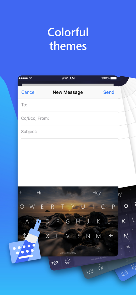 Interfaccia della tastiera Microsoft SwiftKey con uno sfondo a tema fotografico personalizzato di un tramonto