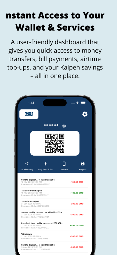 Panel de la aplicación MSJ Wallet que muestra un código QR y una lista de transacciones recientes en Dalasi gambiano.