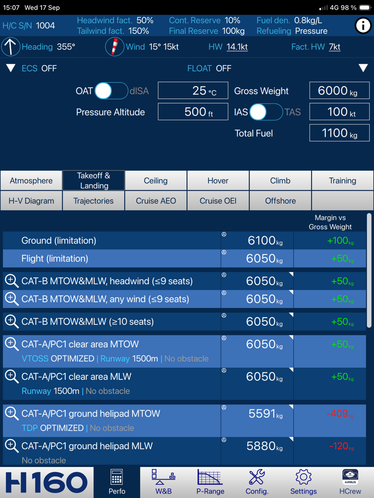 H160 Flight Perfo - H160 Flight Perfo app showing takeoff and landing performance calculations
