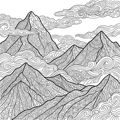 Unleash your creativity with this stunning Zentangle Misty Mountains coloring page, featuring majestic peaks and swirling clouds adorned with intricate patterns. Perfect for a relaxing and meditative coloring experience.