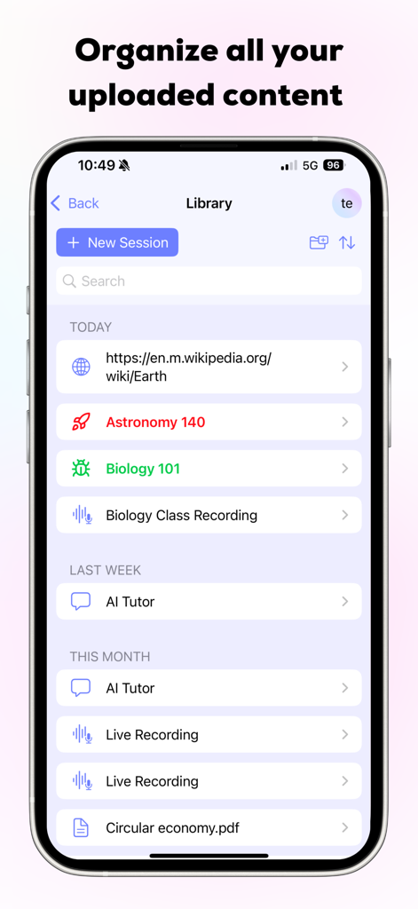 Mindgrasp - Mindgrasp app library interface displaying organized study content and uploaded files by date