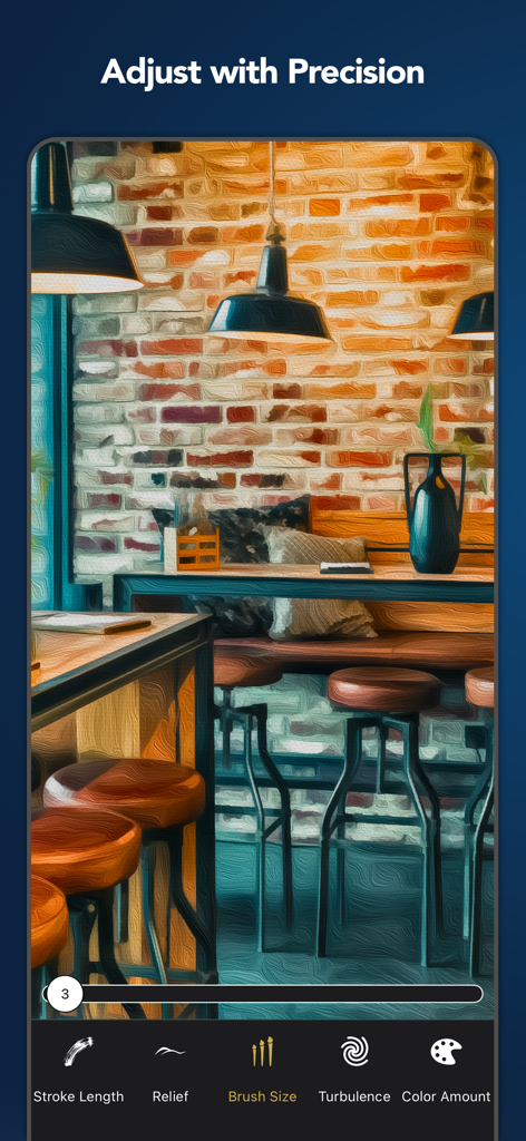 Oilbrush: Oil Painting Effects - Interfaz de la aplicación Oilbrush que muestra herramientas de ajuste de precisión como el tamaño del pincel y el relieve aplicadas a un efecto de pintura al óleo.
