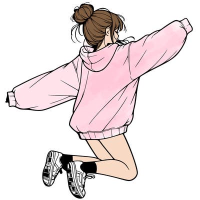 realistic girl jumping with a bun and oversized sweatshirt