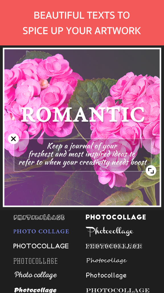 Photo Frame Editor – Pic Collage Maker Free - Mobile app screen showing various font styles and text overlay options on a photo of pink flowers.