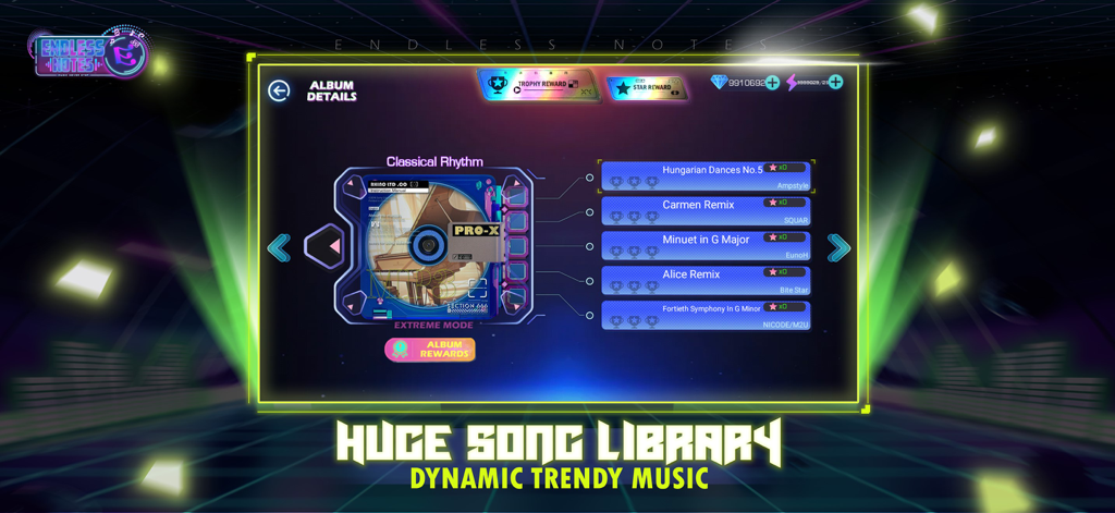 Endless Notes - Rhythm Master - Endless Notes Rhythm Master song library screen featuring classical music remixes