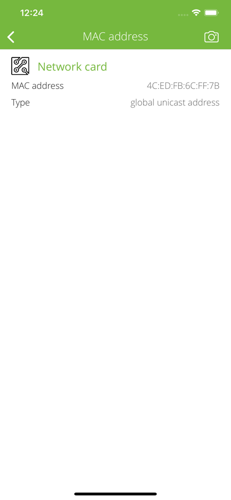 Torrent Detector - Screenshot showing the network card MAC address and address type in the Torrent Detector app.