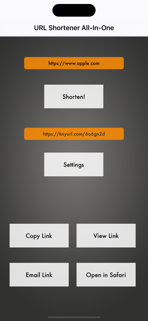 URL Shortener All-In-One - Interfaz de la aplicación URL Shortener All-In-One que muestra un enlace acortado con botones para copiar, ver, enviar por correo y abrir en Safari