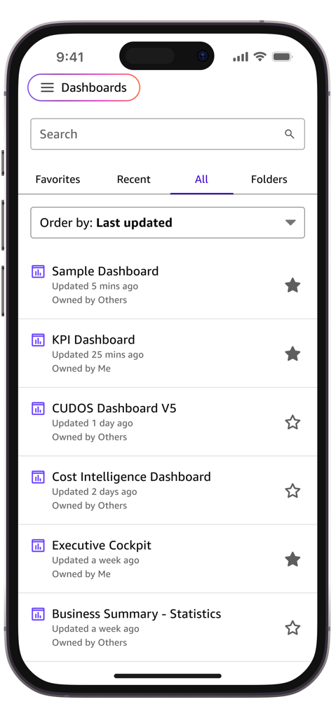 Amazon Quick Suite - Amazon Quick Suite mobile app interface displaying a list of business intelligence dashboards including KPI and Cost Intelligence.