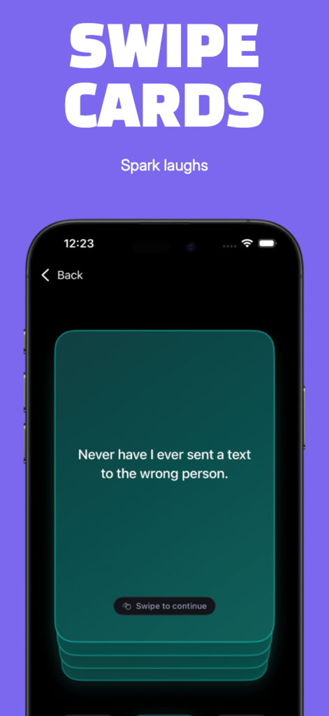 Party Games: Game Night - Carta de juego de Yo Nunca Nunca en la interfaz de la aplicación Party Games