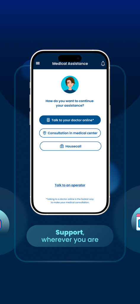 Interfaz de la aplicación Universal Assistance que muestra opciones de ayuda médica, incluyendo chat con médico en línea y visitas a domicilio.