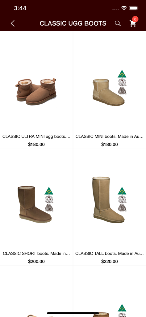 Original Australian Ugg USD - A product page from the Original Australian Ugg app displaying Classic Ultra Mini Classic Short and Classic Tall sheepskin boots with prices