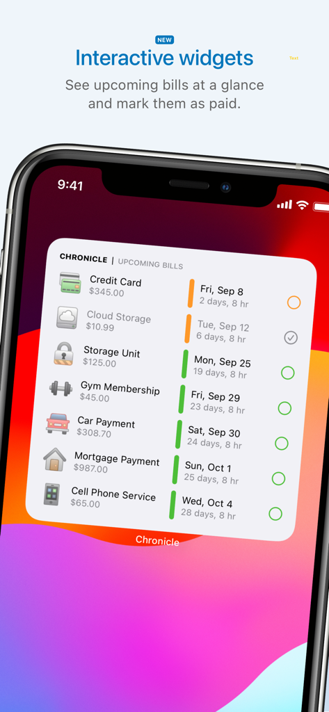 Chronicle - Bill Organizer - Widget interactivo de la aplicación Chronicle en iPhone que muestra la lista de facturas pendientes con fechas de vencimiento