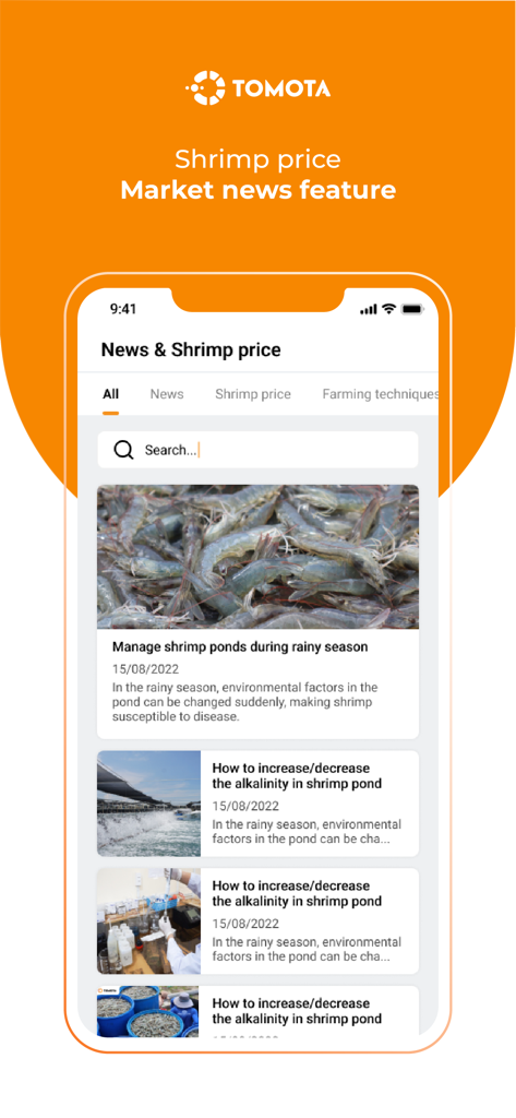 Interfaccia dell'app Tomota che mostra notizie di mercato e aggiornamenti sui prezzi dei gamberi