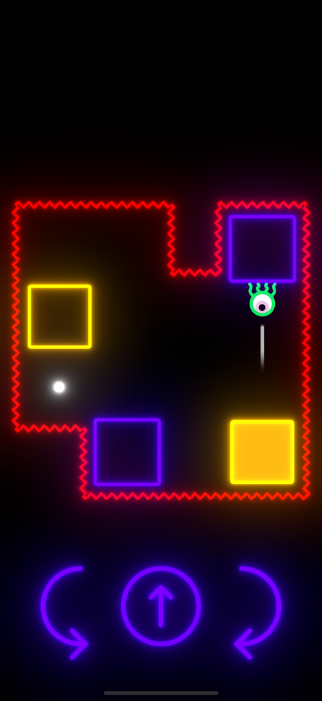 Orbie is Lost in Space - A neon physics puzzle level from the game Orbie is Lost in Space featuring gravity manipulation controls and a green alien character