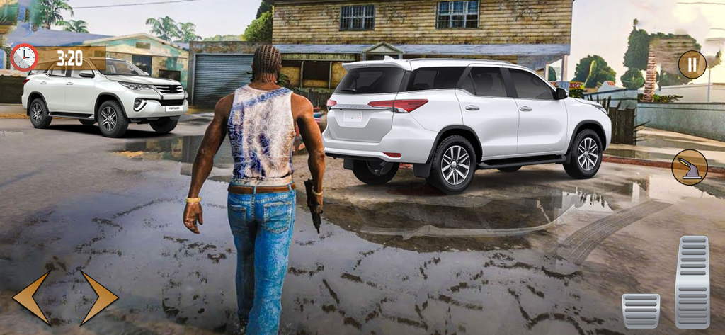 Offroad Fortuner Car Driving - A character walking towards white SUV cars in a muddy offroad driving simulation game