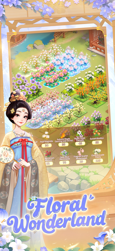 My Garden Tale - Uma personagem feminina em traje tradicional em frente a um jardim de flores digital colorido em My Garden Tale.