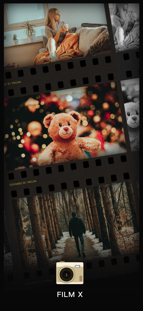 Dazz Cam app interface showing a film strip with three retro style photos and the Film X camera icon