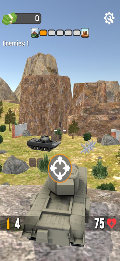 Third person view of a tank aiming at an enemy vehicle in a rocky 3D landscape