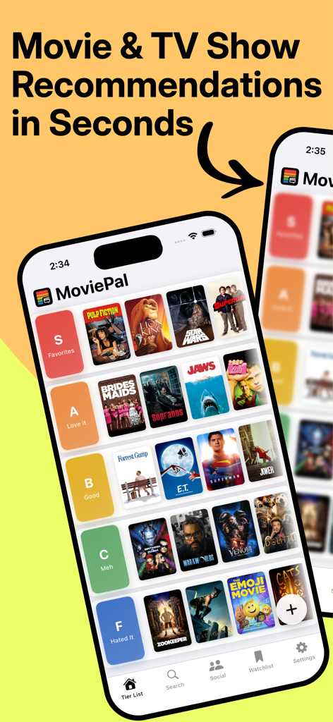 MoviePal - Find Movies & Shows - Smartphone mostrando la interfaz de la aplicación MoviePal con rankings de películas mostrados en una lista por niveles de S a F.