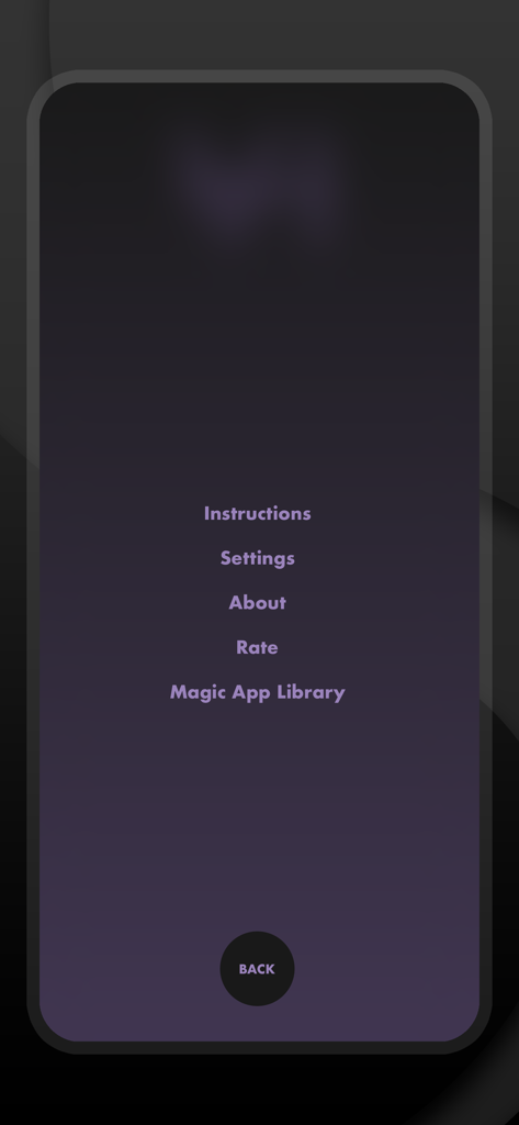 Stigma 6 - Magic Trick Tricks - The menu interface of the Stigma 6 magic trick app with navigation options like Instructions and Settings.