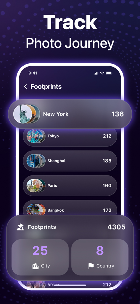Magic Album-Storage Cleaner - Magic Album 발자국 기능 스크린샷으로 뉴욕, 파리, 도쿄와 같은 도시 및 국가별로 분류된 사진 수를 보여줌