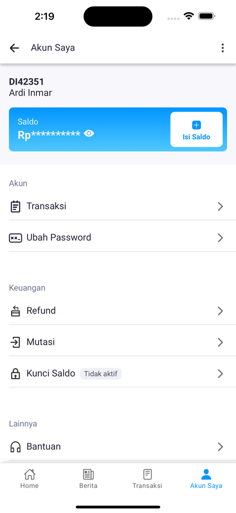 Darmawisata Indonesia - User profile page in Darmawisata Indonesia app featuring account balance and travel management options.