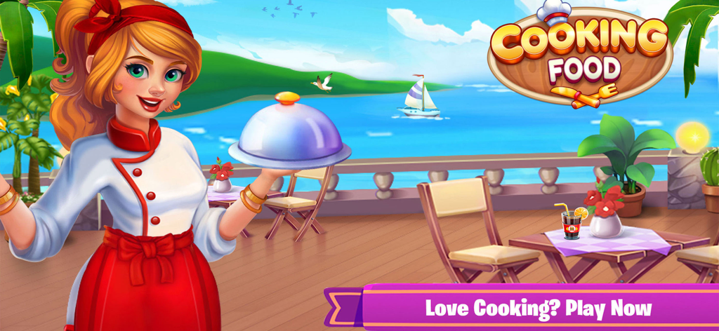 Cooking Food: Restaurant Games - Female chef holding a cloche tray at a seaside restaurant terrace