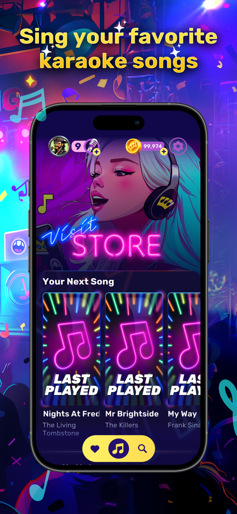 The Sing King app interface on an iPhone displaying karaoke song suggestions and vibrant musical graphics.