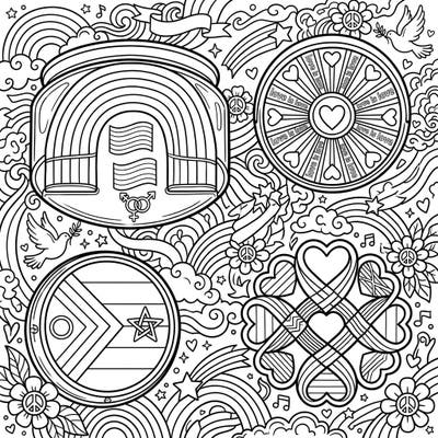 Celebrate love and diversity with this intricate Pride Month coloring page, uniquely designed with stylized flush mount light motifs. Dive into a world of rainbows, hearts, and peace symbols, perfect for expressing your solidarity and creativity.