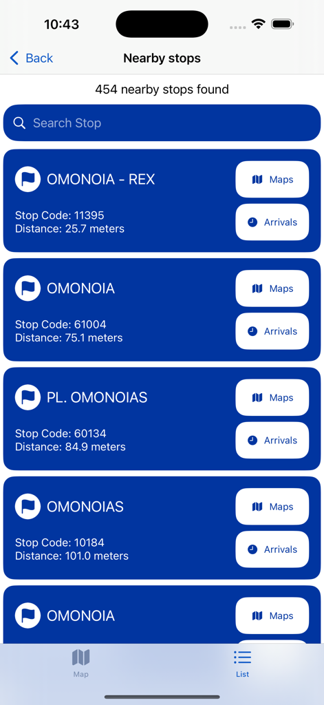 OASA app interface showing a list of nearby bus stops in Athens with stop names distances and real-time arrival buttons