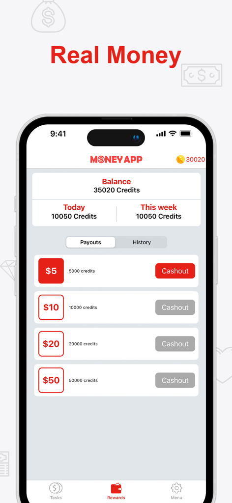 Money App – Cash & Rewards App - Interfaccia dei premi di Money App che mostra il saldo dei crediti e le opzioni di prelievo in denaro reale da 5 a 50 dollari