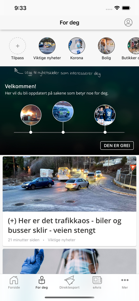 Tvedestrandsposten - Interfaz móvil de la aplicación Tvedestrandsposten que muestra el feed de noticias personalizado For Deg con titulares locales noruegos y filtros por categoría.