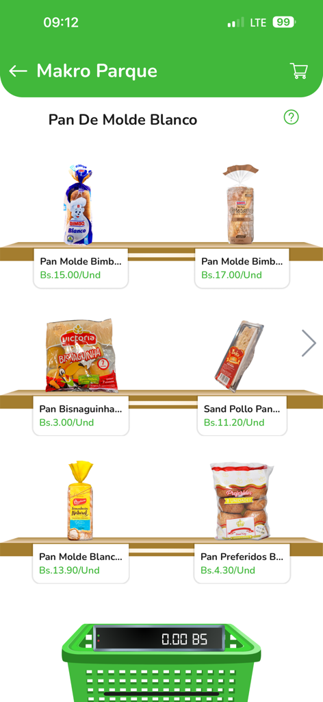 TeLoCompro - TeLoCompro app screen showing various white bread products on digital shelves with prices in Bolivian currency