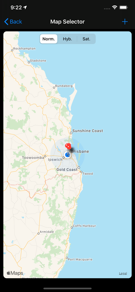Geo Proximity Alarm - Map selector interface showing a circular geofence and location pin on a map